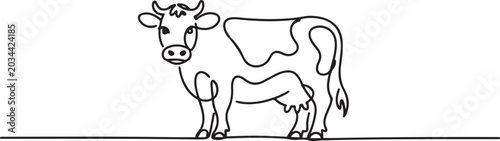 Continuous line, drawing of Dairy cow dairy farm mammal animal vector illustration cute, simple lines. one line Icon drawing