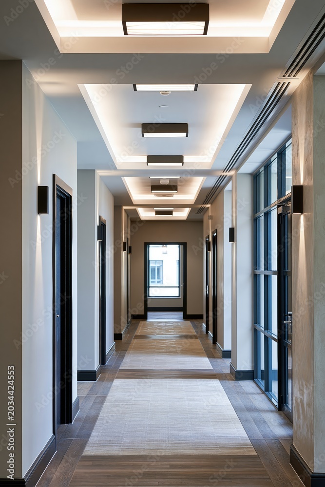 Fototapeta premium Modern Hotel Corridor Interior with Ceiling Lighting and Minimal Design