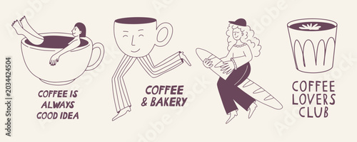 Hand drawn coffee and bakery illustration set with people and characters. Includes cups, croissants, donuts, muffins and drinks in minimal doodle style. Perfect for cafe menus, restaurant branding