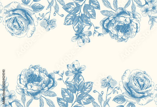 Cuadro en lienzo Botanical blue wedding seamless borer with flower on white background