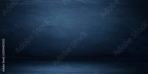 A blank dark blue grunge concrete wall room with a rough textured vintage paper pattern backdrop