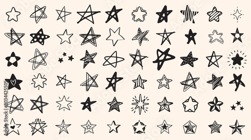 Collection of hand-drawn star doodles with various styles and fills on a light background Keywords: star, doodle