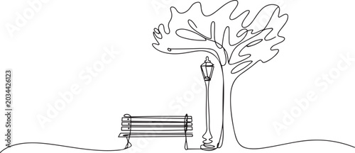 Bench in the park near a tree and a lantern, continuous one line vector illustration minimalism style. one line Icon drawing