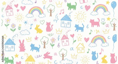 Canvastavla Children s crayon style doodles pattern on a white background