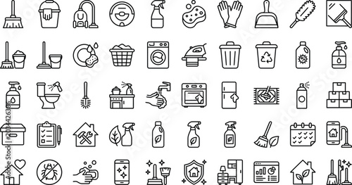 Home Cleaning and Housekeeping Minimal Line Icons Collection – Hygiene Outline Vector Set