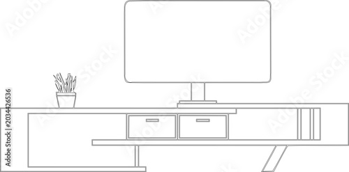 Εκτύπωση καμβά Technical furniture elevation drawing of a modern entertainment center featuring a TV on stand, low console with drawers, and open shelving in minimalist CAD line art