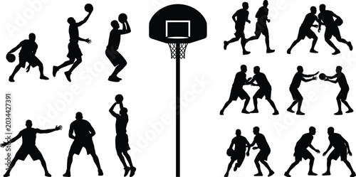 Photography A large collection of black vector silhouettes featuring basketball players in various active gameplay poses with a hoop