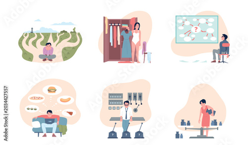 Cognitive load management. Information overload, looking clarity, sorting out and eliminating chaos in work and life. Hyperfocus and organization recent vector scenes