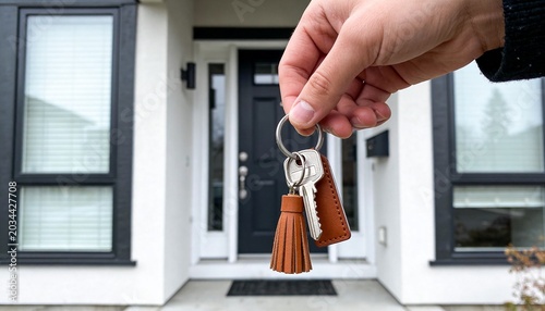 Hand holding house keys in front of a modern home. New property owner with keys to a contemporary residential house. Real estate investment and home ownership concept