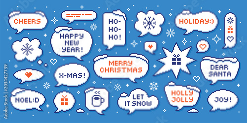 Christmas pixel art bubbles. Y2k design elements, winter holidays speech bubble with snow caps and festive text. New year retro, tidy vector set