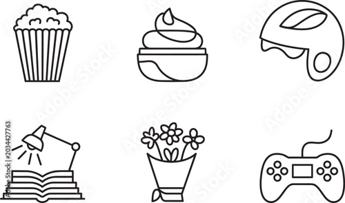 Canvas Print Popcorn and cream, helmet, and book and six stylized, art, and these in outline
