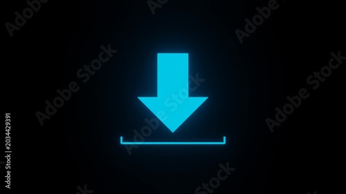 Download sign with cyan neon glowing bold arrow and base line loop animation on dark background