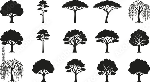 Schilderij op canvas Tree silhouette collection with sixteen diverse botanical designs including acac