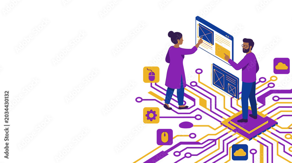 Fototapeta premium Team collaborating on digital interface, interacting with data visualization screens, concept of technology and teamwork, pixel art style