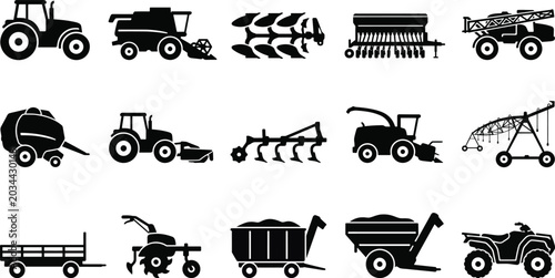 Bild auf Leinwand Black Silhouette Agricultural Machinery Icon Set