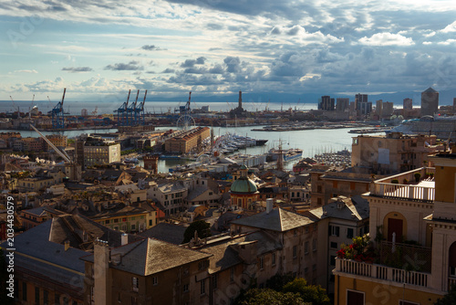 Schilderij op canvas Panoramic view of a Mediterranean harbor city with marina and port cranes