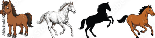 Fotografie Diverse vector illustrations of horses including cartoon ponies running stallion
