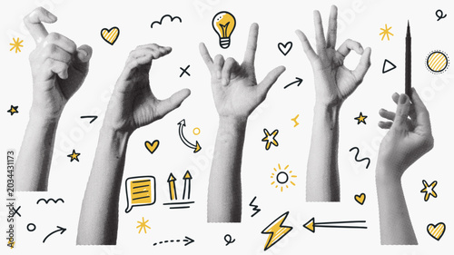 Diverse Hands Gesturing With Doodle Icons And Halftone Effect gesture communication