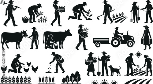 Fotografia Farmers working on farm silhouettes set with agricultural characters cultivating