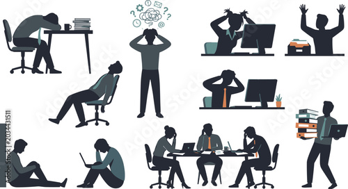 Bild auf Leinwand Stressed office workers silhouettes set with business people suffering from pres