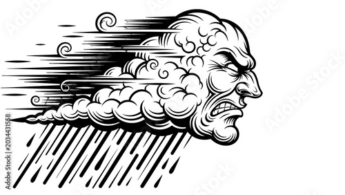 Fotografie An angry storm cloud with a human face, depicted in a dynamic, illustrative style, with rain falling heavily