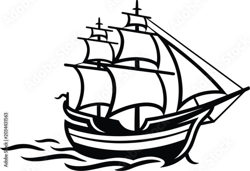 Foto Black and white stylized illustration of a sailing ship on water with transport