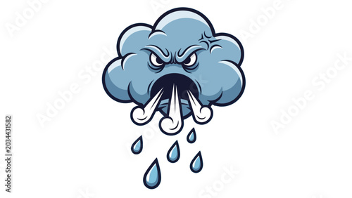 Tableau sur toile An angry, cartoonish storm cloud with a furious face, blowing wind and raining heavily