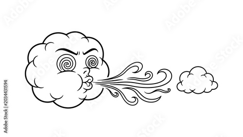 Bild auf Leinwand A cartoon cloud with a face blowing a strong gust of wind towards a smaller cloud