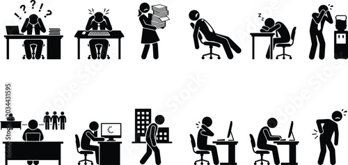 Foto Stressed office workers stick figures set with business people suffering from fa