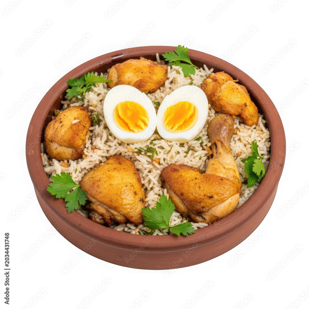Fototapeta premium Delicious rice bowl with egg and croquettes