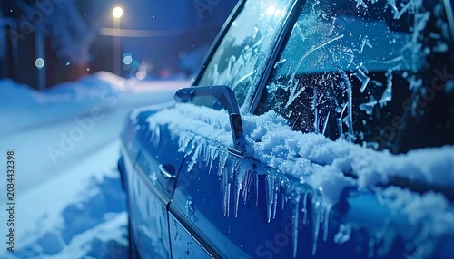 Icy Blue Car Covered with Snow on Quiet Winter Night Street