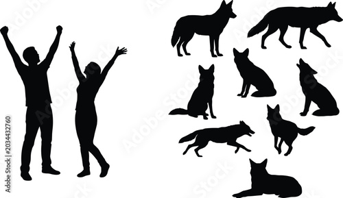 Canvastavla Silhouette collection of happy cheering couple with arms raised and various pose