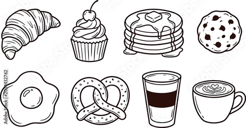 Fotografía Set of handdrawn breakfast food and drinks including croissant, cupcake, pancake