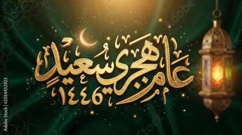 Happy Islamic New Year 1446 golden Arabic calligraphy with glowing lantern on elegant dark green fabric background.