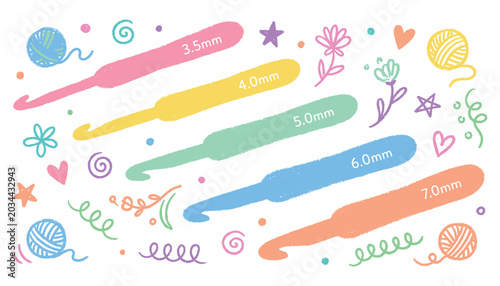 Crochet hooks vector illustration set with yarn balls and floral elements for knitting and craft.