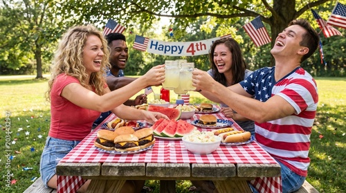 Diverse group of happy young adult friends toasting drinks at an outdoor 4th of July summer picnic barbecue.