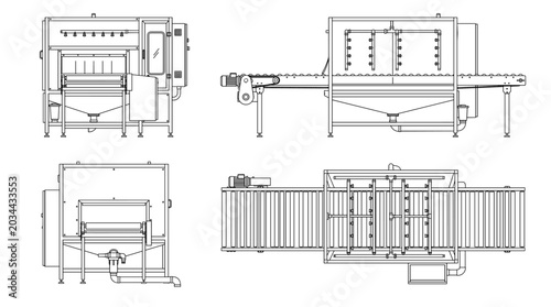 Egg washer agricultural machine technical drawing blueprint with front side back and top views CAD line art vector illustration