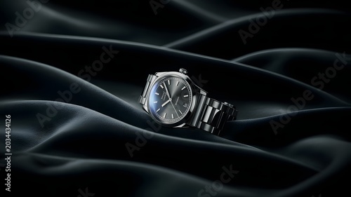 Silver wristwatch with metal band rests on dark flowing fabric in a studio setting