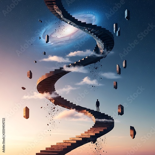 Surreal Spiral Staircase Floating in Sky with Clouds and Sun.