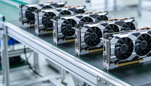 A line of computer graphics cards moves along a manufacturing assembly line in a clean factory room.