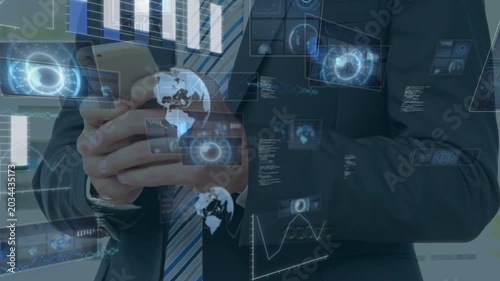 Executive tapping and swiping phone, causing AR charts rotating, updating to show market trends