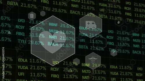 Incoming hex icons sliding inward, causing heart hex growth, numbers updating to show health data