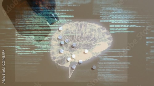 Green code scrolling, projected brain with pills shifting as bottle tipping, showing pill effect
