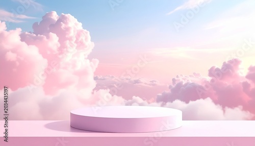 Pastel Pink Product Display Platform in Soft Pink Clouds Sky Background