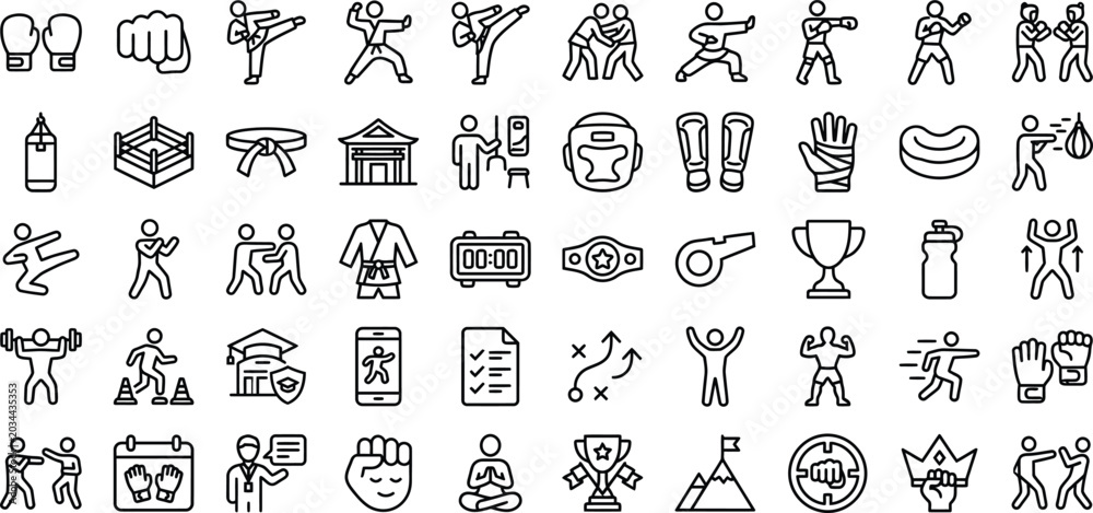 Naklejka premium Fighting Sports & Martial Arts Outline Icon Set