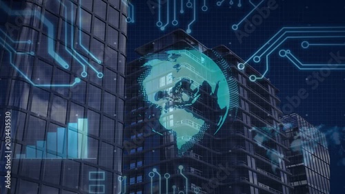 Fading teal globe rotating while HUD circuitry sliding in and bar chart pulsing to visualize data