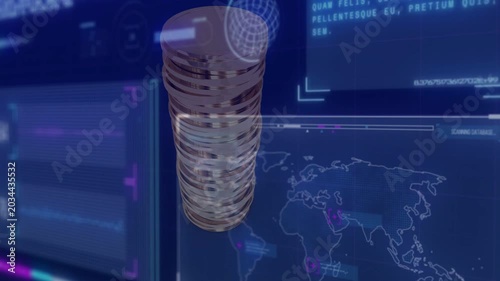 On HUD activation, tall translucent token stack rotating clockwise, descending to show global data