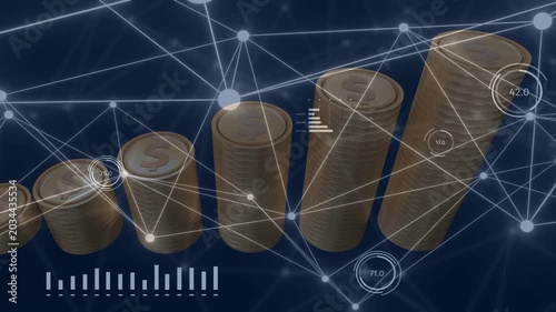Network nodes pulsing, highlighting coin stacks while HUD readouts sliding, showing market trends