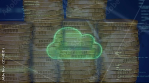 Neon-green cloud appearing, expanding over gold coin stacks, animating mesh lines, showing fintech