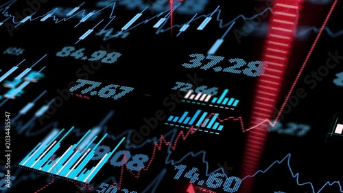 Red marker appearing, sparking arrows, market pulsing, bars growing, numbers updating showing surge